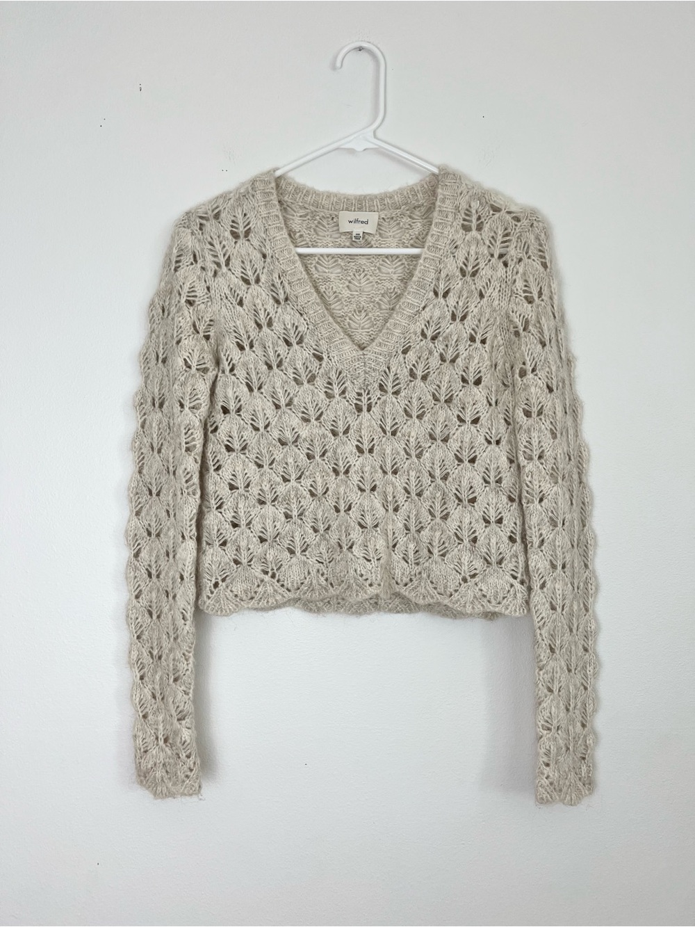 Wilfred Aritzia Crochet V Neck Sweater Cottagecore Open Knit Boho Fairycore Top